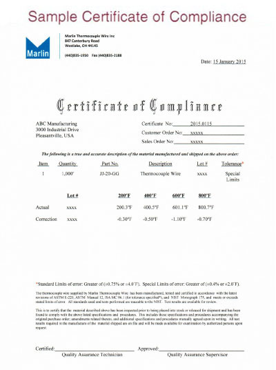 Sample Marlin TC Wire calibration certificate