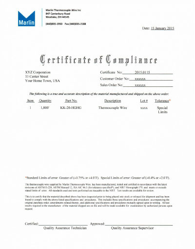 Sample Marlin TC Wire certificate of compliance